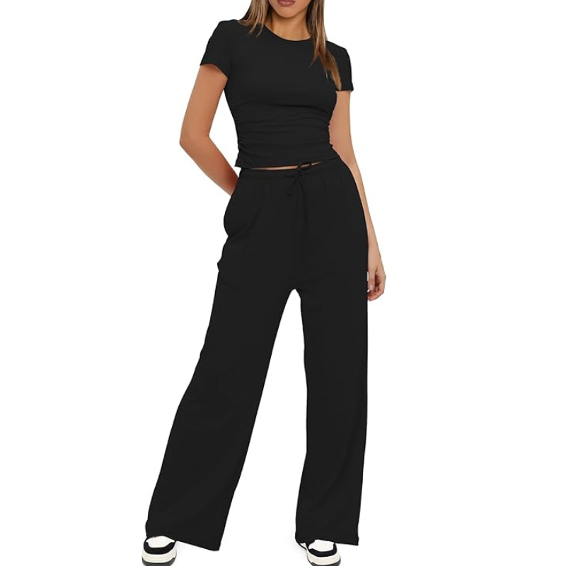 Two Piece Matching Lounge Set With Ruched Short Sleeve Top And Wide Pants For Women - Image 2