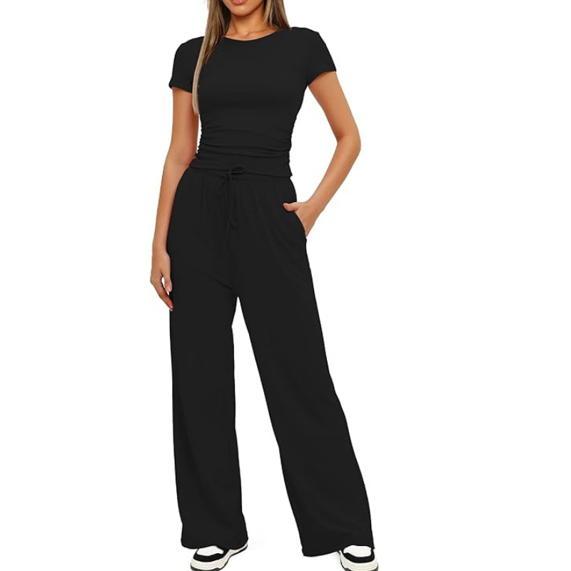 Two Piece Matching Lounge Set With Ruched Short Sleeve Top And Wide Pants For Women - Image 3