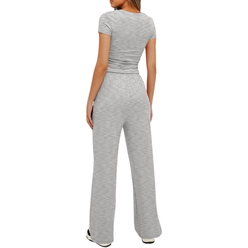 Two Piece Matching Lounge Set With Ruched Short Sleeve Top And Wide Pants For Women - Image 6