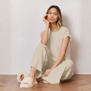 Two Piece Lounge Sets For Women With Knit Cap Sleeve Top And Pleated Pants