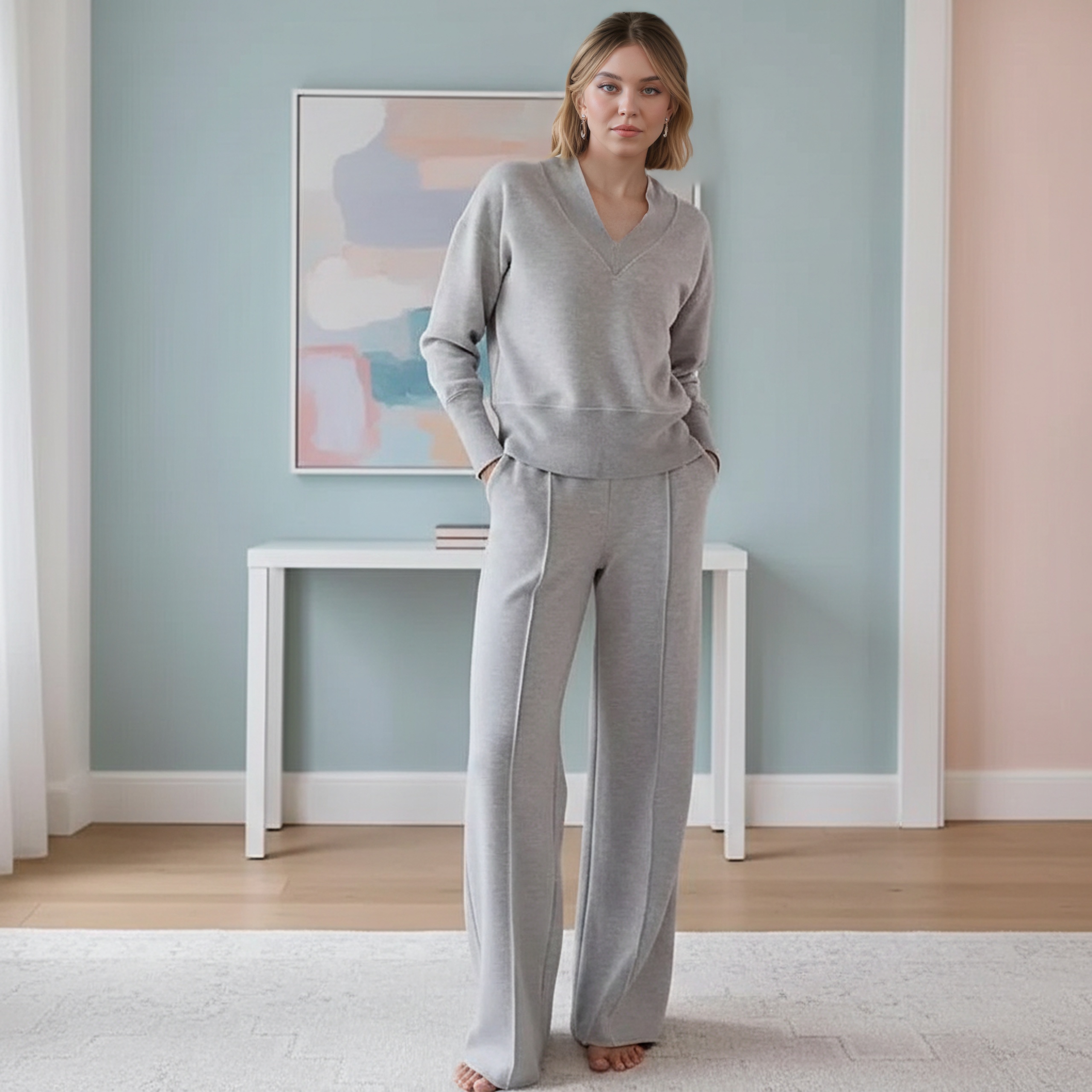 Comfy V Shape Lounge Set With Wide Fit Pants - Image 4