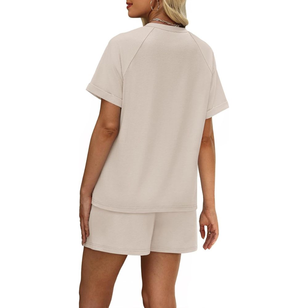 Two Piece Lounge Sets With Short Sleeve T Shirt And Drawstring Shorts With Pockets For Women - Image 6