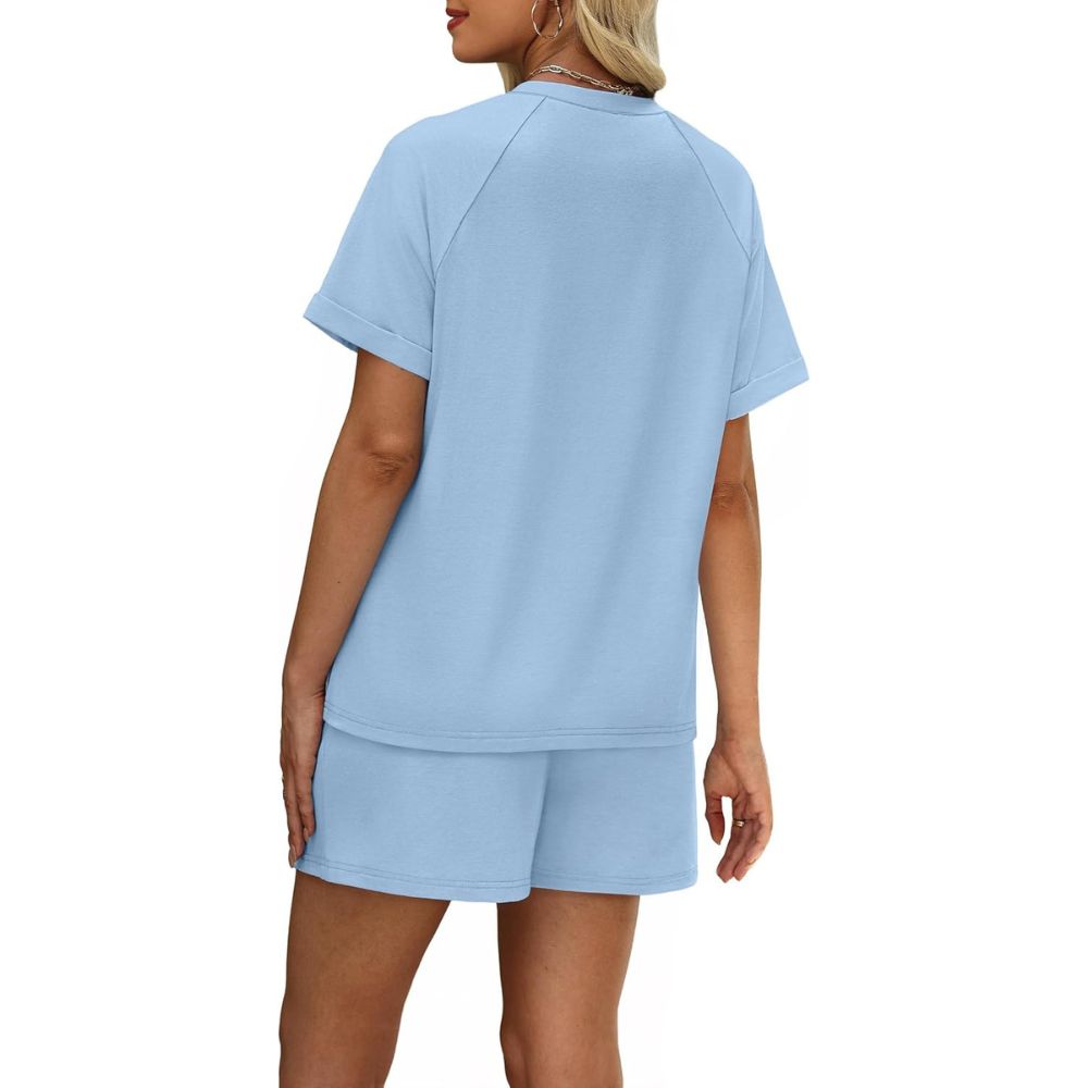Two Piece Lounge Sets With Short Sleeve T Shirt And Drawstring Shorts With Pockets For Women - Image 14