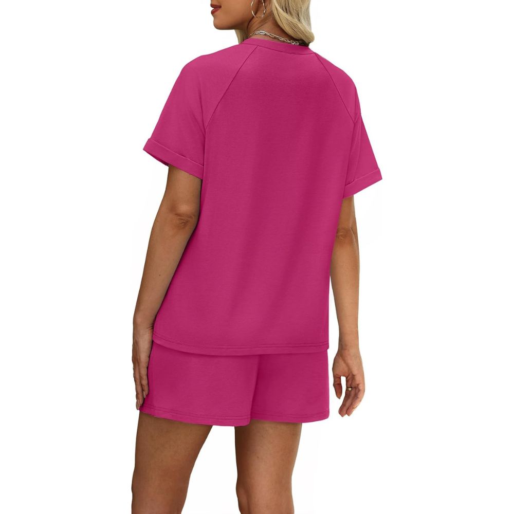 Two Piece Lounge Sets With Short Sleeve T Shirt And Drawstring Shorts With Pockets For Women - Image 12