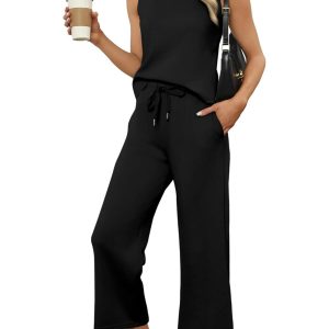 Two Piece Summer Set With Mock Lounge Top And Wide Pants