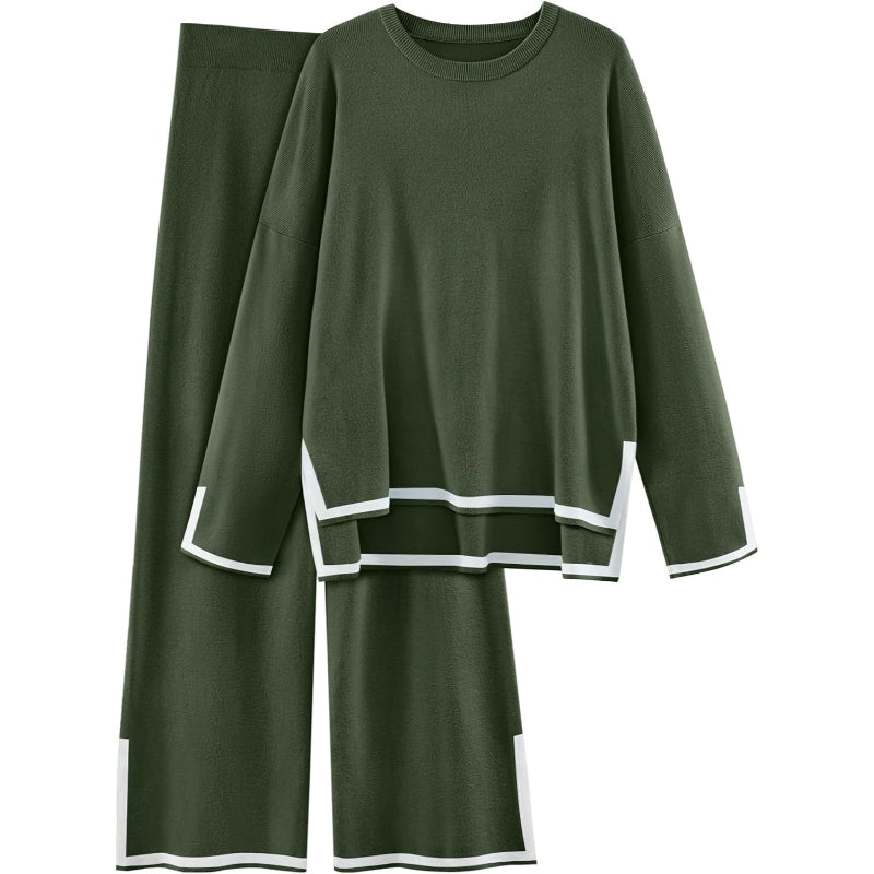 Two Piece Knit Lounge Set With Long Sleeve Top And Pants - Image 8