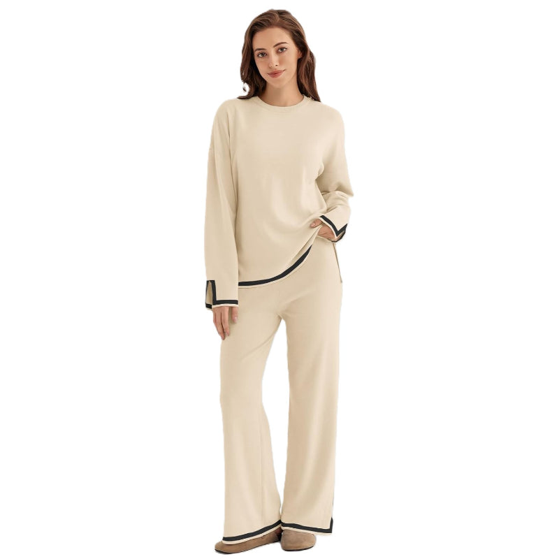 Two Piece Knit Lounge Set With Long Sleeve Top And Pants - Image 2