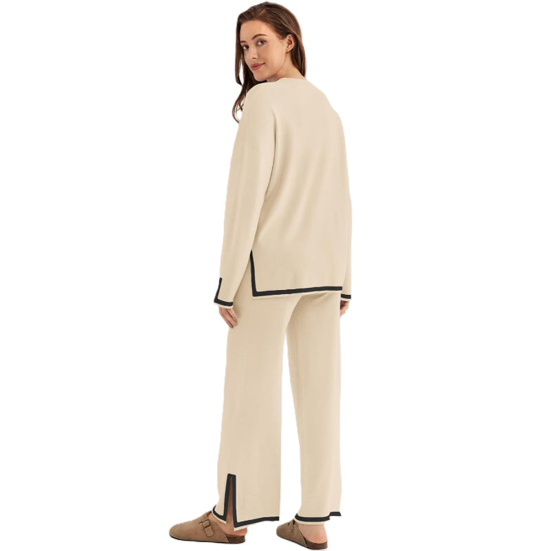 Two Piece Knit Lounge Set With Long Sleeve Top And Pants - Image 3