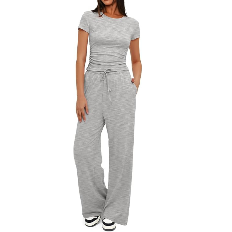 Two Piece Matching Lounge Set With Ruched Short Sleeve Top And Wide Pants For Women - Image 5