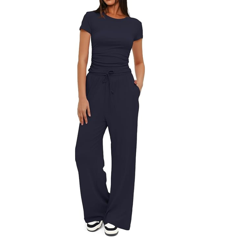 Two Piece Matching Lounge Set With Ruched Short Sleeve Top And Wide Pants For Women - Image 9