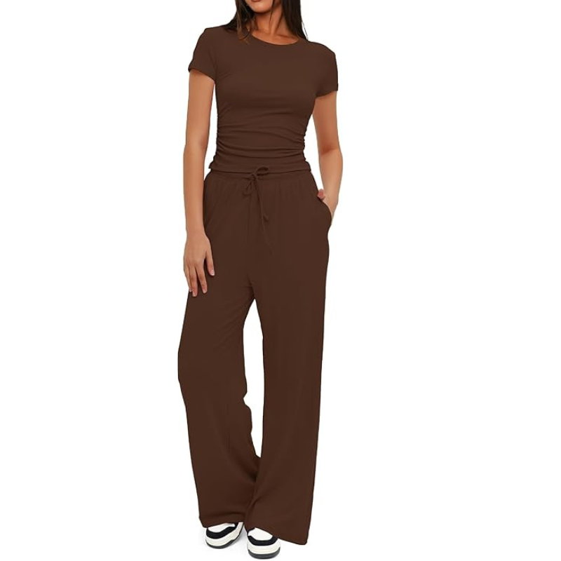 Two Piece Matching Lounge Set With Ruched Short Sleeve Top And Wide Pants For Women - Image 7