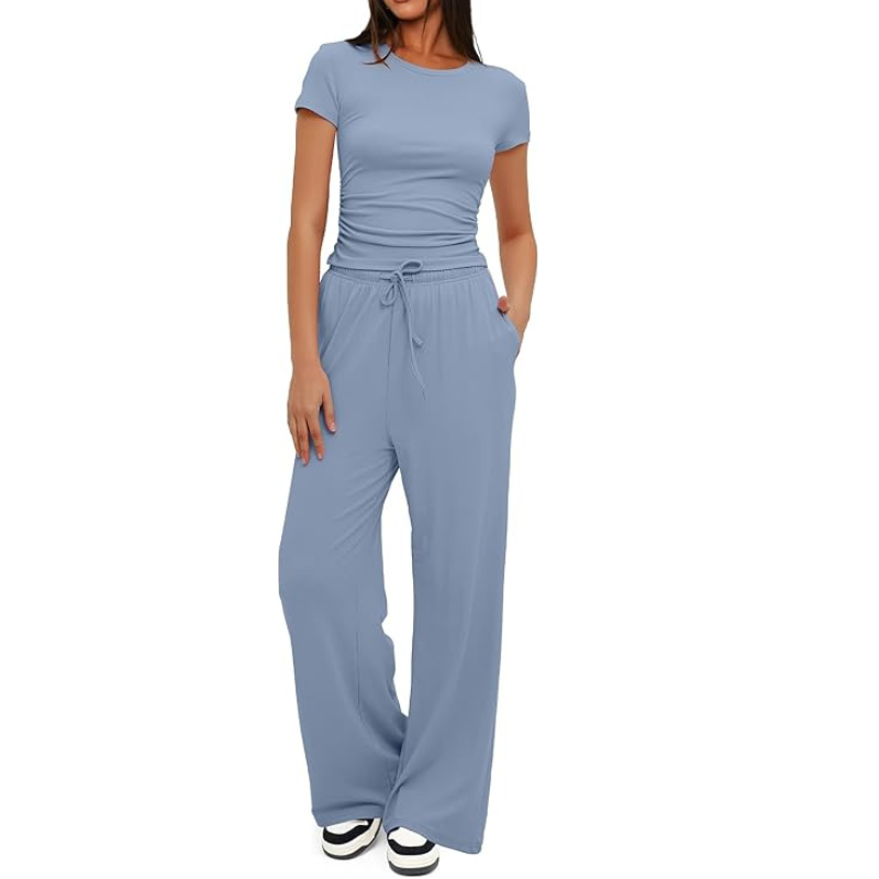 Two Piece Matching Lounge Set With Ruched Short Sleeve Top And Wide Pants For Women - Image 11