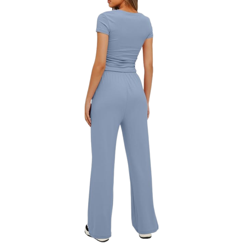Two Piece Matching Lounge Set With Ruched Short Sleeve Top And Wide Pants For Women - Image 12