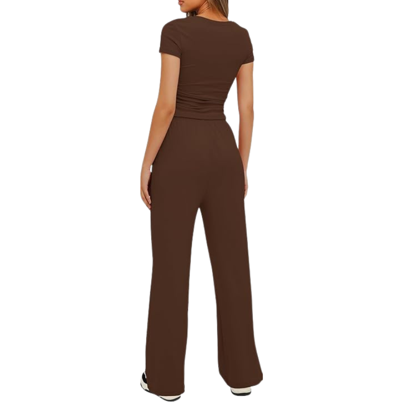 Two Piece Matching Lounge Set With Ruched Short Sleeve Top And Wide Pants For Women - Image 8