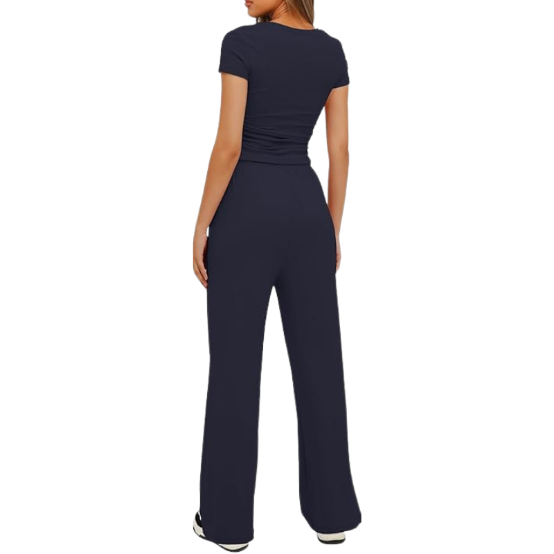 Two Piece Matching Lounge Set With Ruched Short Sleeve Top And Wide Pants For Women - Image 10
