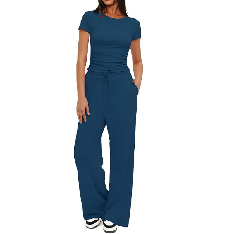 Two Piece Matching Lounge Set With Ruched Short Sleeve Top And Wide Pants For Women - Image 13