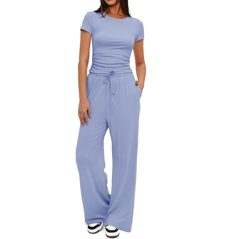 Two Piece Matching Lounge Set With Ruched Short Sleeve Top And Wide Pants For Women - Image 15