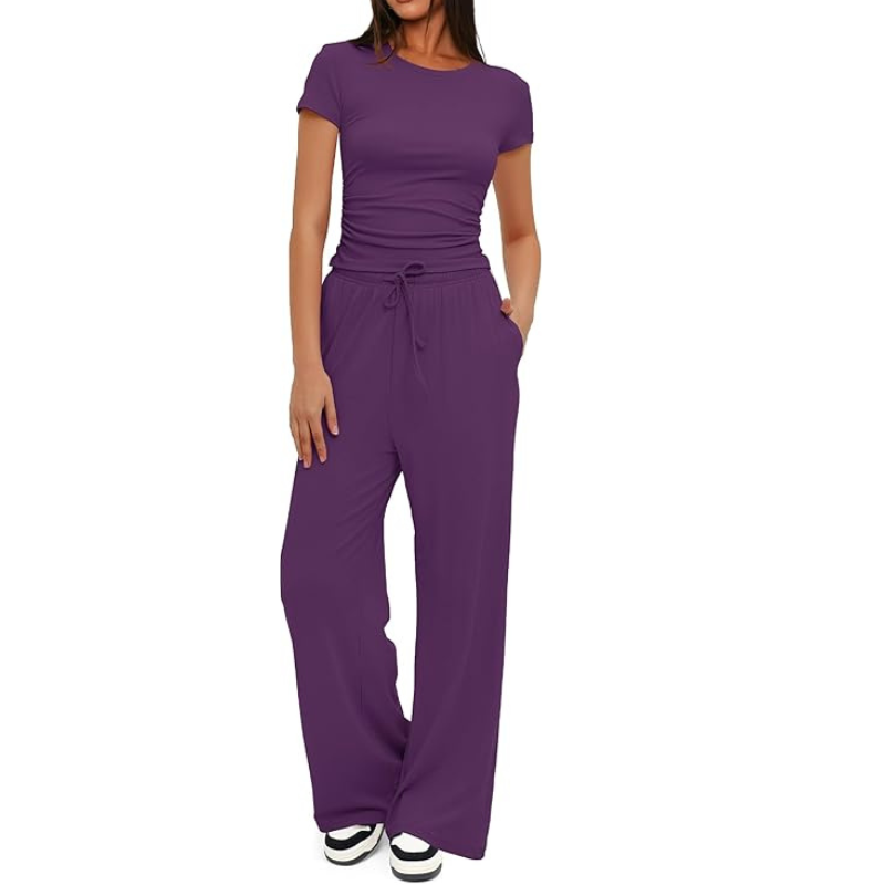 Two Piece Matching Lounge Set With Ruched Short Sleeve Top And Wide Pants For Women - Image 19