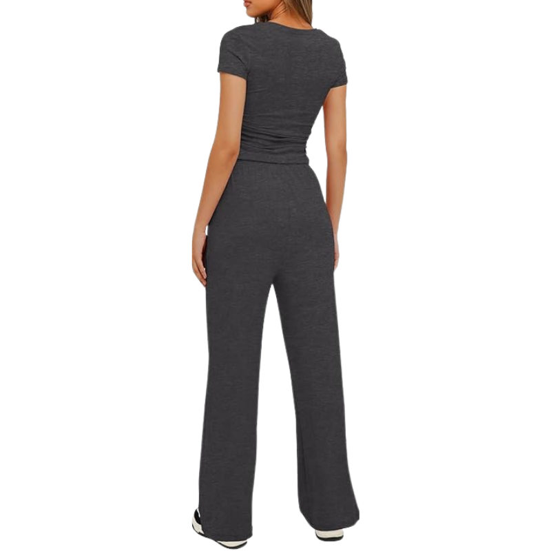 Two Piece Matching Lounge Set With Ruched Short Sleeve Top And Wide Pants For Women - Image 22