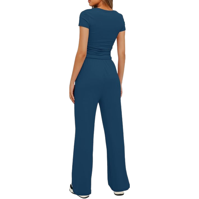 Two Piece Matching Lounge Set With Ruched Short Sleeve Top And Wide Pants For Women - Image 14