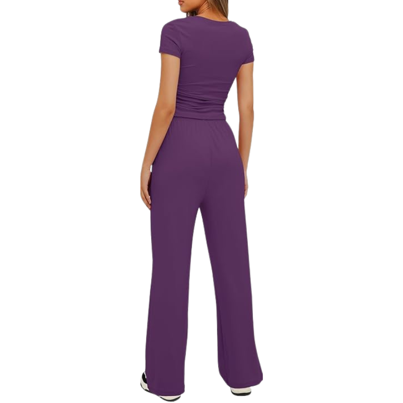 Two Piece Matching Lounge Set With Ruched Short Sleeve Top And Wide Pants For Women - Image 20