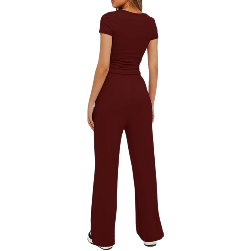 Two Piece Matching Lounge Set With Ruched Short Sleeve Top And Wide Pants For Women - Image 18