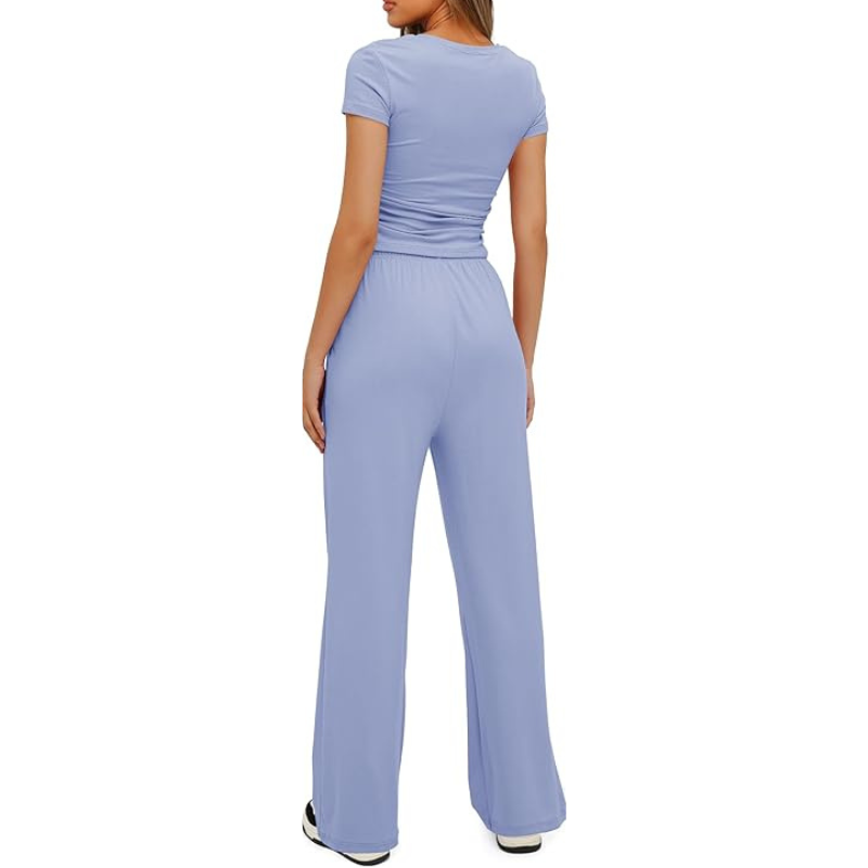 Two Piece Matching Lounge Set With Ruched Short Sleeve Top And Wide Pants For Women - Image 16