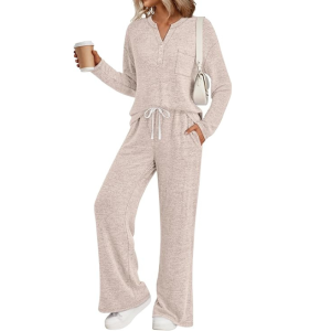 Two Piece Travel Lounge Set With Long Sleeve Top And Easy Fit Pants For Women