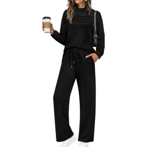 Two Piece Travel Ready Lounge Outfit With Long Sleeve Top And Loose Pants For Women