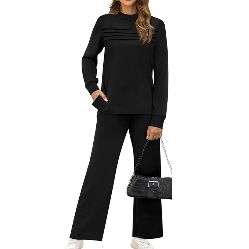Two Piece Travel Ready Lounge Outfit With Long Sleeve Top And Loose Pants For Women - Image 2
