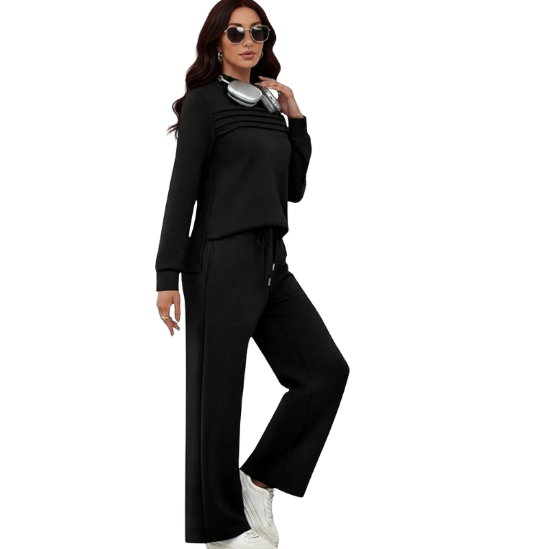 Two Piece Travel Ready Lounge Outfit With Long Sleeve Top And Loose Pants For Women - Image 4