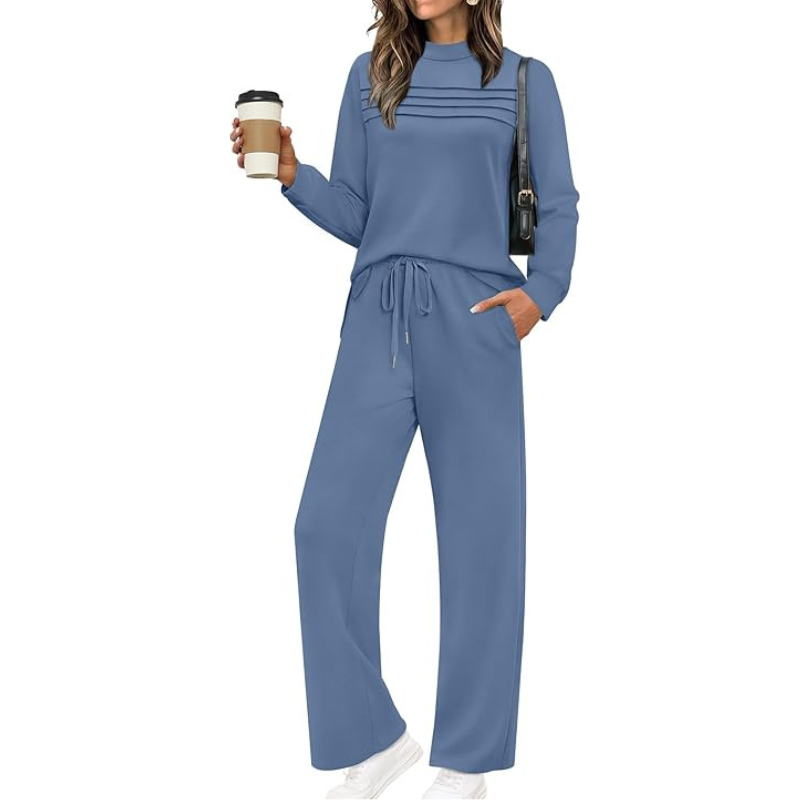Two Piece Travel Ready Lounge Outfit With Long Sleeve Top And Loose Pants For Women - Image 10
