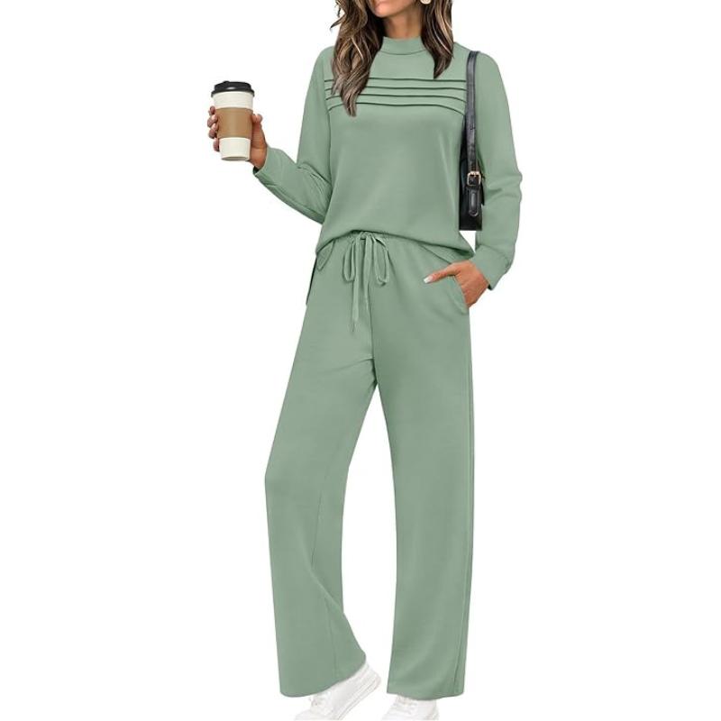 Two Piece Travel Ready Lounge Outfit With Long Sleeve Top And Loose Pants For Women - Image 18