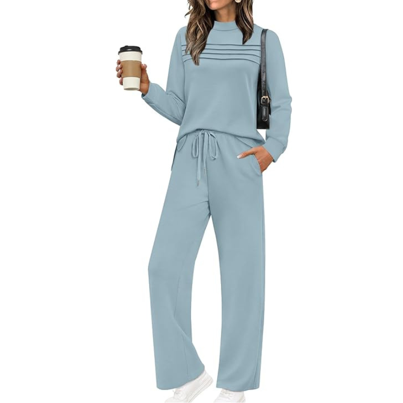 Two Piece Travel Ready Lounge Outfit With Long Sleeve Top And Loose Pants For Women - Image 22
