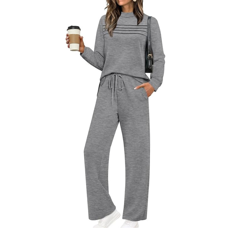 Two Piece Travel Ready Lounge Outfit With Long Sleeve Top And Loose Pants For Women - Image 16