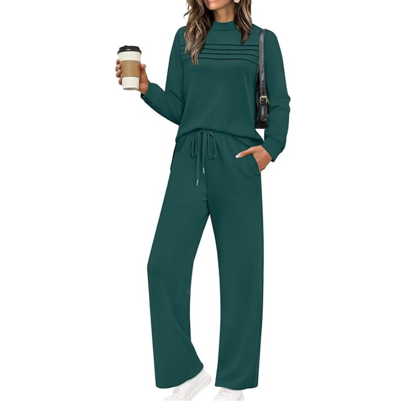 Two Piece Travel Ready Lounge Outfit With Long Sleeve Top And Loose Pants For Women - Image 20
