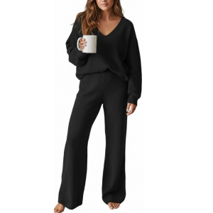 Two Piece Casual Knit Lounge Set With Sweater Top And Pants For Women