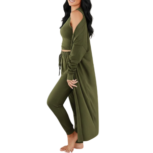 Three Piece Travel Lounge Set With Cardigan Matching Top And Jogger For Women