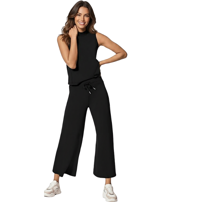Two Piece Matching Lounge Outfits With Sleeveless Top And Wide Crop Pants For Women - Image 2