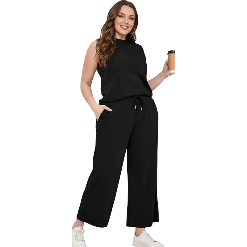 Two Piece Matching Lounge Outfits With Sleeveless Top And Wide Crop Pants For Women - Image 3