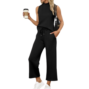 Two Piece Matching Lounge Outfits With Sleeveless Top And Wide Crop Pants For Women