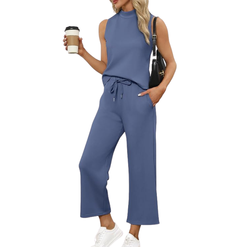 Two Piece Matching Lounge Outfits With Sleeveless Top And Wide Crop Pants For Women - Image 7