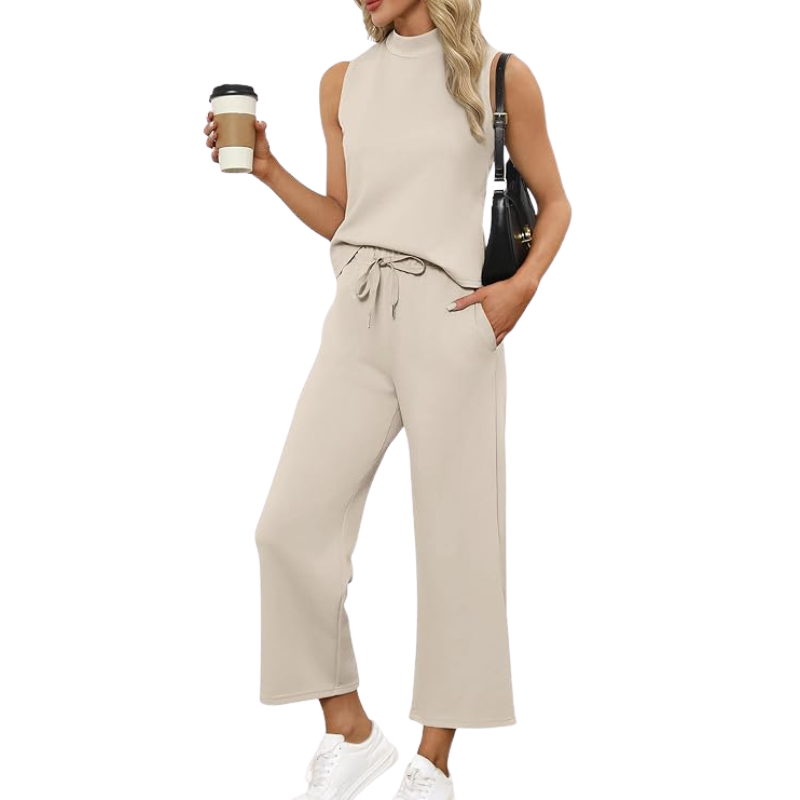 Two Piece Matching Lounge Outfits With Sleeveless Top And Wide Crop Pants For Women - Image 11