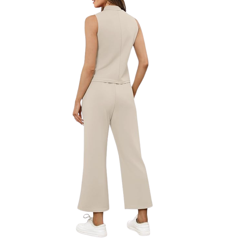 Two Piece Matching Lounge Outfits With Sleeveless Top And Wide Crop Pants For Women - Image 12