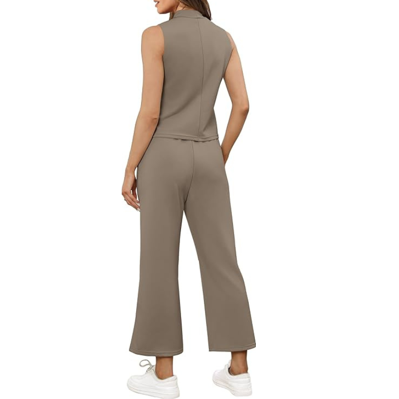 Two Piece Matching Lounge Outfits With Sleeveless Top And Wide Crop Pants For Women - Image 10
