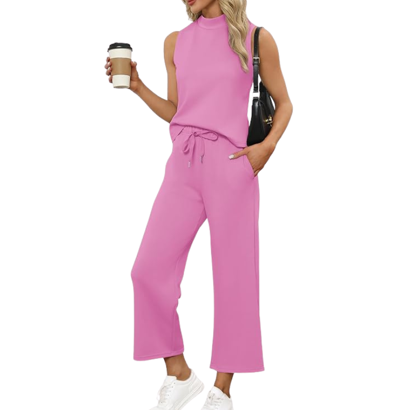 Two Piece Matching Lounge Outfits With Sleeveless Top And Wide Crop Pants For Women - Image 21