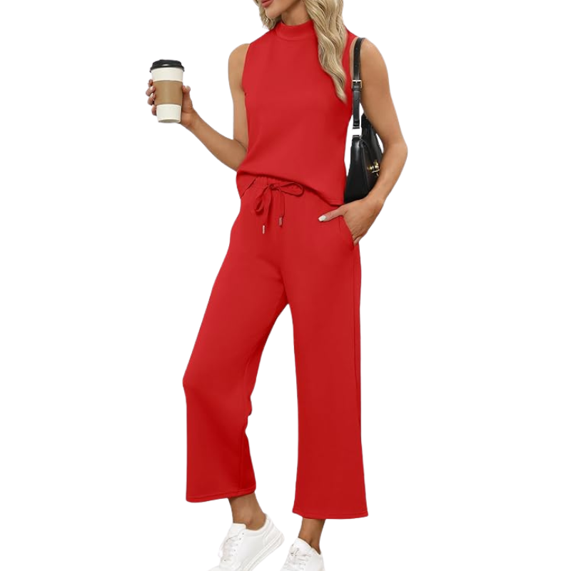 Two Piece Matching Lounge Outfits With Sleeveless Top And Wide Crop Pants For Women - Image 15