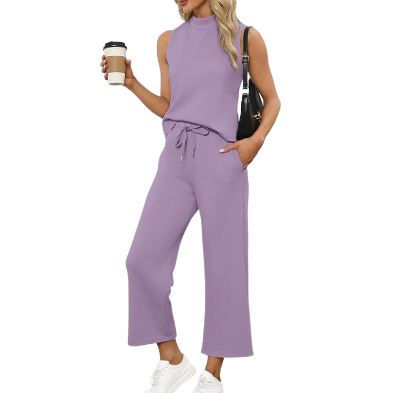 Two Piece Matching Lounge Outfits With Sleeveless Top And Wide Crop Pants For Women - Image 17