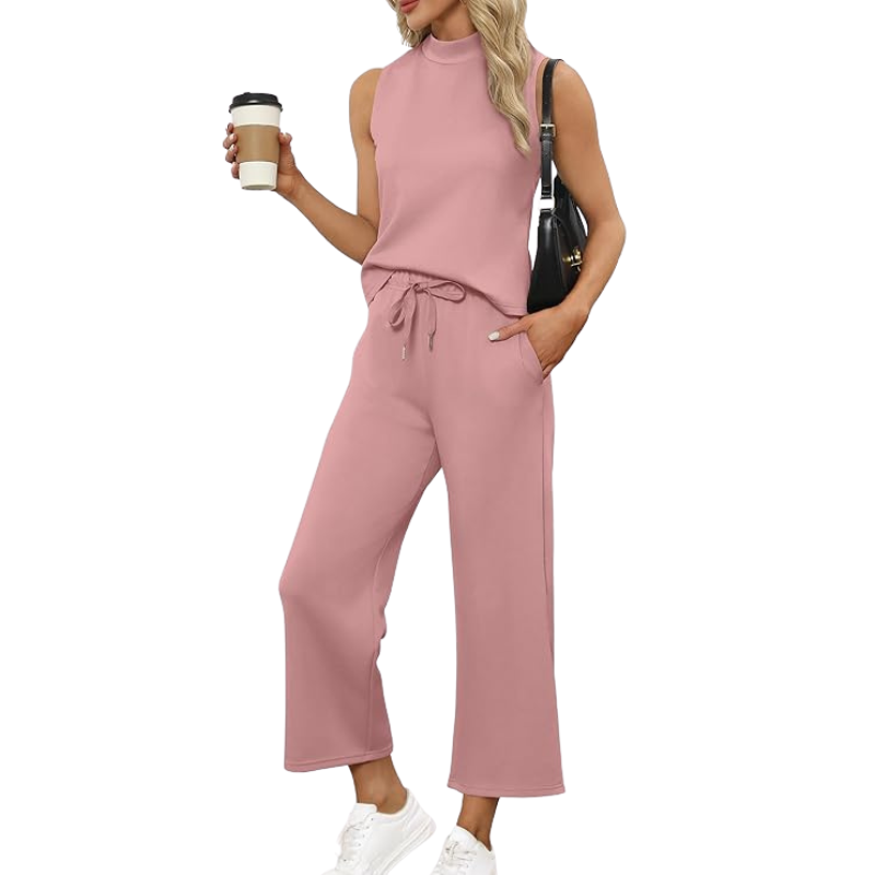 Two Piece Matching Lounge Outfits With Sleeveless Top And Wide Crop Pants For Women - Image 19