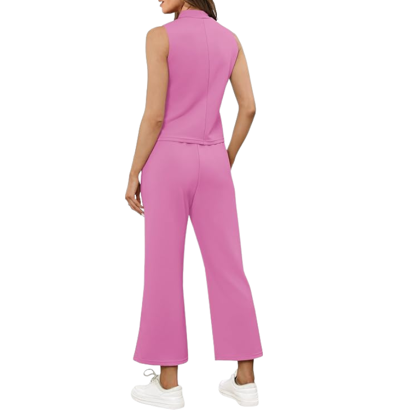 Two Piece Matching Lounge Outfits With Sleeveless Top And Wide Crop Pants For Women - Image 22